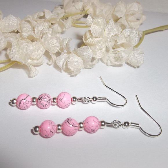 Hot Pink and Silver Beaded Dangle Earrings Set Fashion Accessory Gift Idea 6905 - Picture 3 of 7